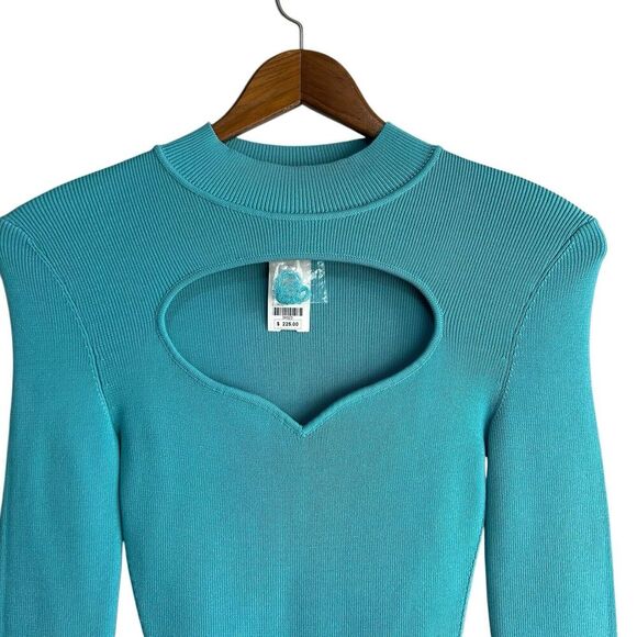 STAUD Clara Knit Top Long Sleeve Small Turquoise Heart Cutout Ribbed Knit NWT - Picture 2 of 9